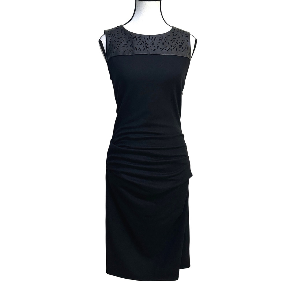 Halston Heritage Black Dress LBD 4 Wool Leather Ruched Edgy Business Casual Chic